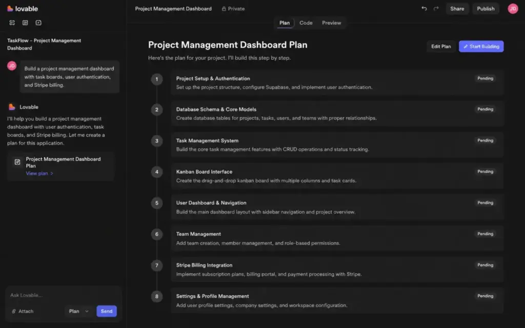 Lovable Plan mode interface showing a step-by-step project management dashboard build plan before code generation.
