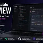 Lovable Review featured image showing the AI app builder interface with code editor, live preview, Supabase integration, GitHub sync, and deployment features.