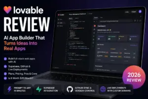 Lovable Review featured image showing the AI app builder interface with code editor, live preview, Supabase integration, GitHub sync, and deployment features.