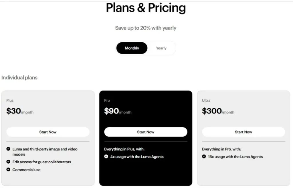 Luma Dream Machine pricing page showing Plus, Pro, and Ultra monthly plans