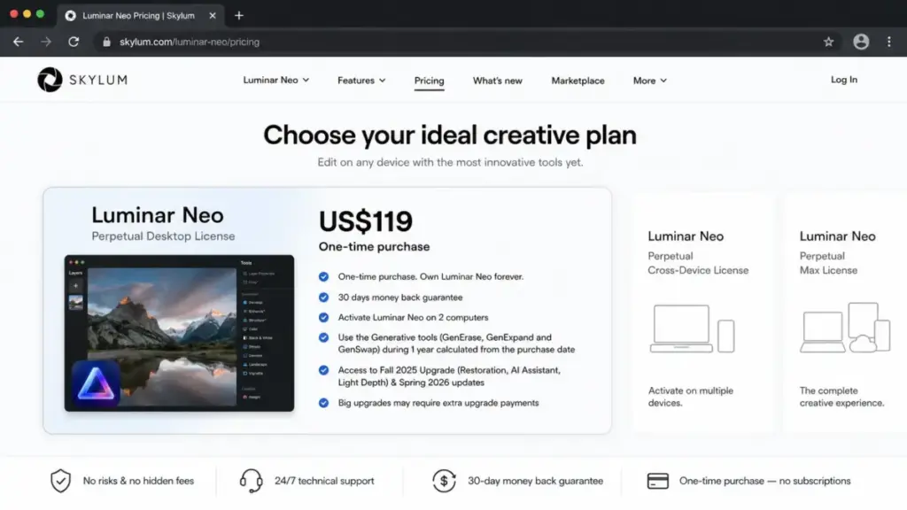 Luminar Neo pricing page showing the US$119 one-time Desktop License and generative tool access terms.