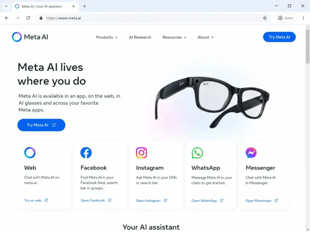 Meta AI product page showing availability across Web, Facebook, Instagram, WhatsApp, and Messenger.