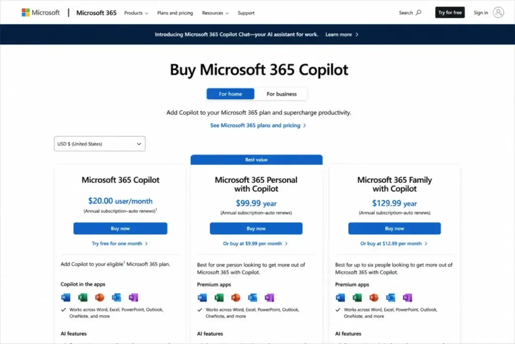 Microsoft 365 Copilot pricing page showing per-user monthly pricing and Microsoft 365 feature tiers.