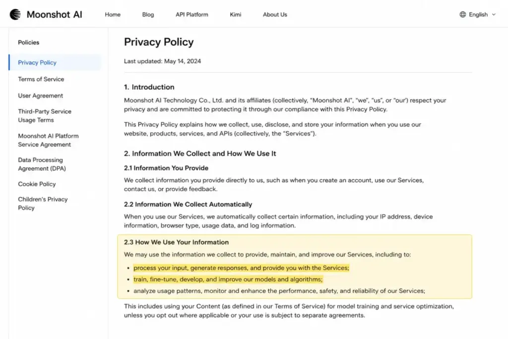 Moonshot AI Kimi Privacy Policy page highlighting user content processing and model training language.