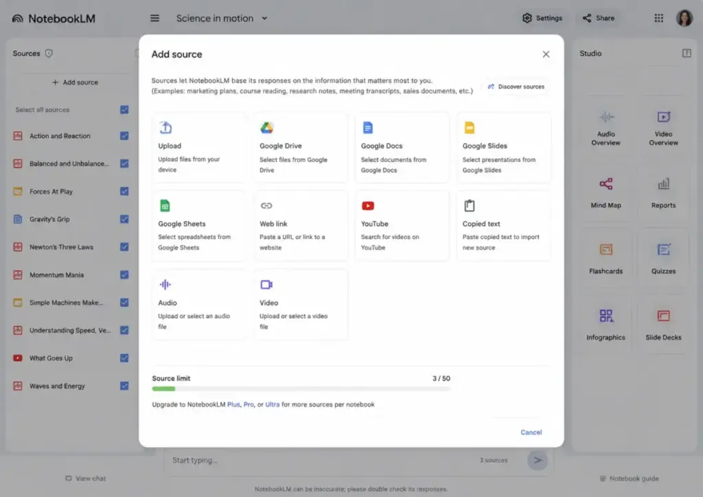NotebookLM Add Source dialog showing upload options for files, Google Drive, Google Docs, Google Slides, Google Sheets, web links, YouTube, copied text, audio, and video.