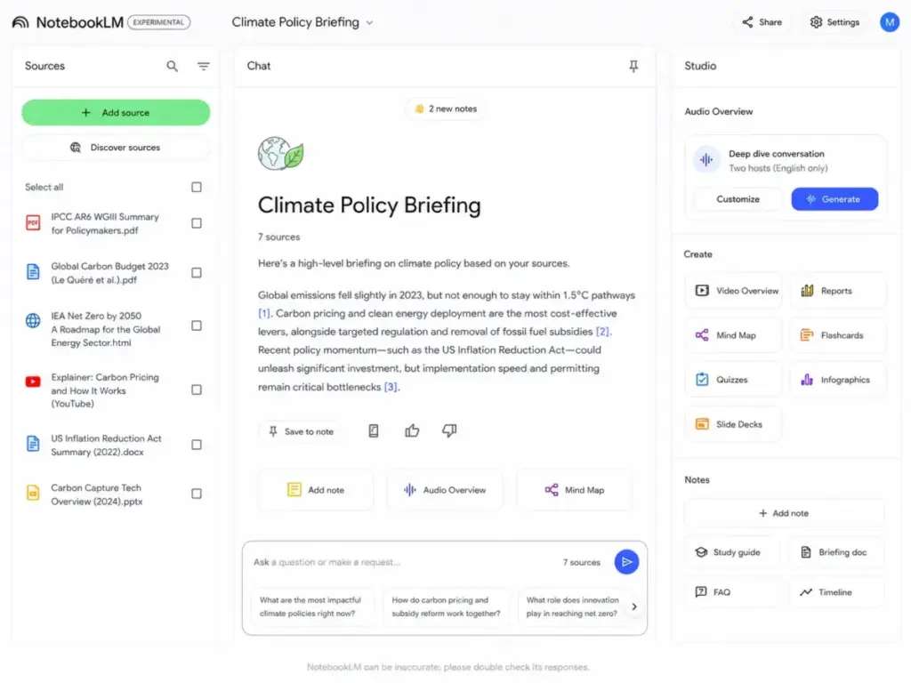 NotebookLM workspace showing Sources panel, cited chat answer, and Studio tools including Audio Overview, Reports, Mind Map, Quizzes, Infographics, and Slide Decks.