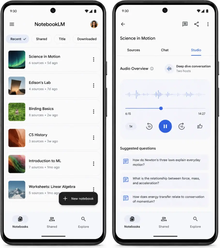 NotebookLM Android mobile app showing a notebook list and an Audio Overview playback screen with sources, Studio tab, playback controls, and suggested questions.