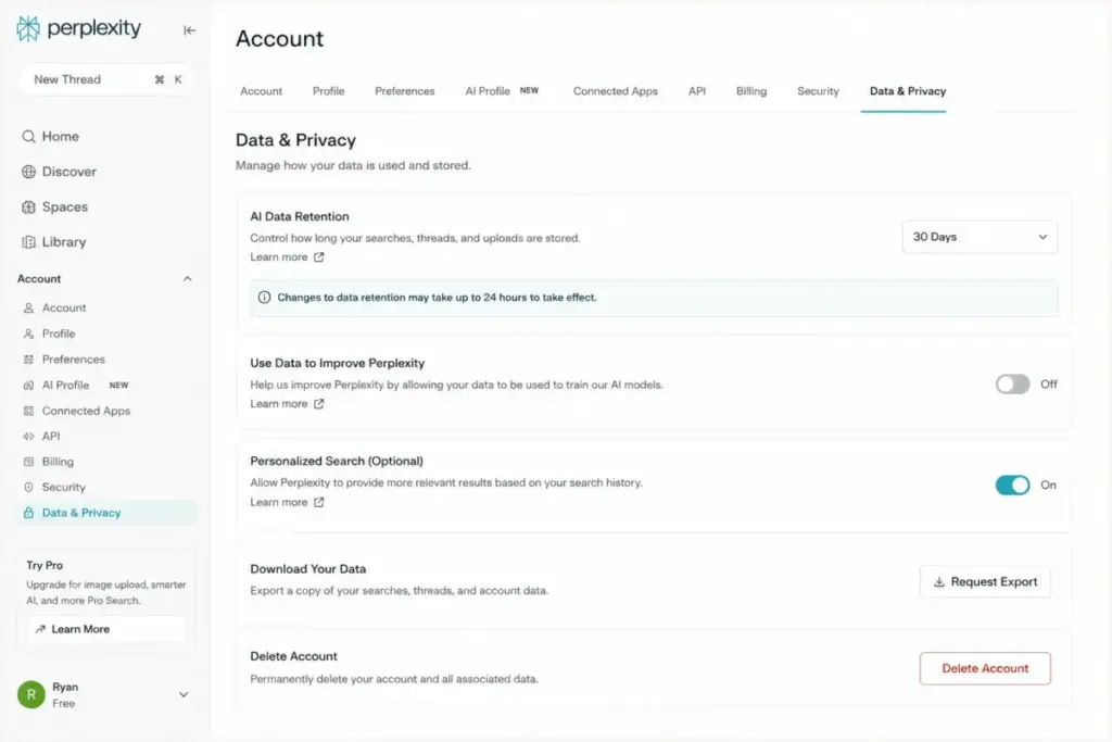 Perplexity account settings screen showing privacy controls, data retention options, and AI data usage toggles for a consumer plan.