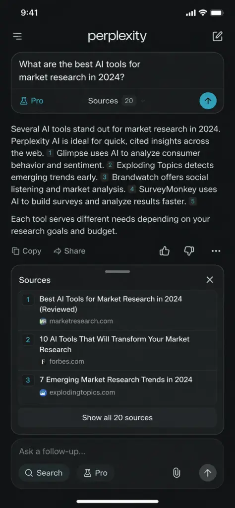 Perplexity mobile app on iOS showing a cited AI answer, sources panel, Pro Search option, and follow-up question box.