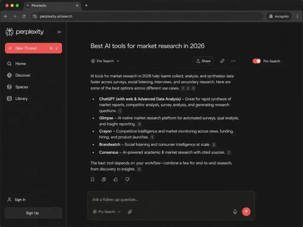 Perplexity new user search interface showing a first AI-generated answer, Pro Search toggle, citations, and follow-up question box.