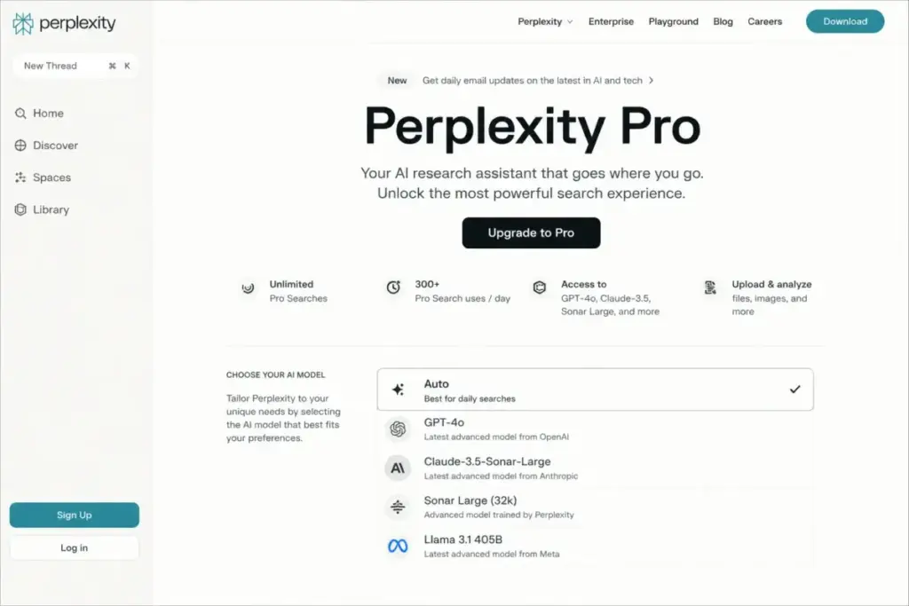 Perplexity Pro page showing research assistant features and AI model selection options.