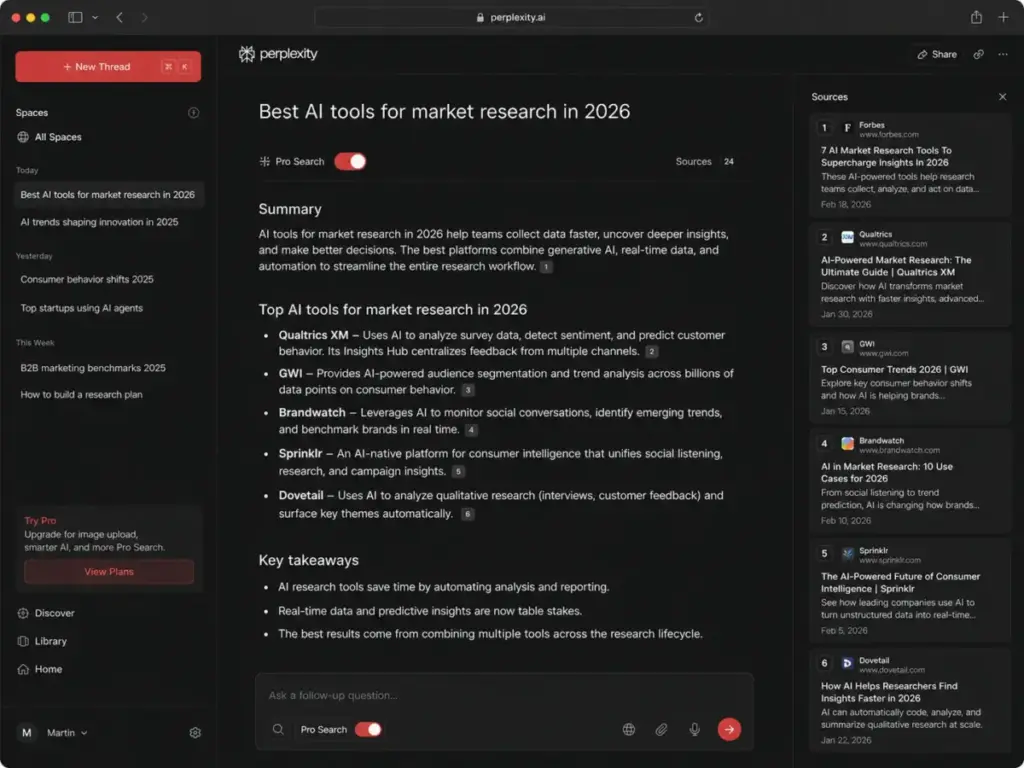 Perplexity Pro Search interface showing AI answer results with inline citations and a right-side sources panel.