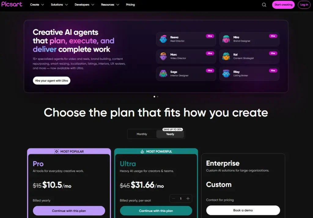 Picsart pricing page showing Pro, Ultra, and Enterprise plans with yearly billing and Creative AI agents.
