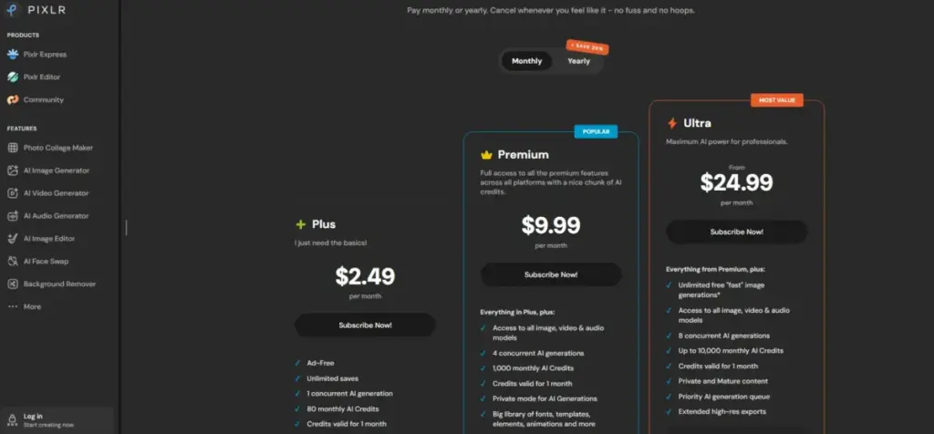 Pixlr pricing page showing Plus, Premium, and Ultra plans with monthly prices and AI credit limits.