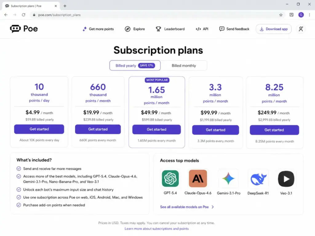 Poe subscription plans page showing model access options, compute points, and subscription features.