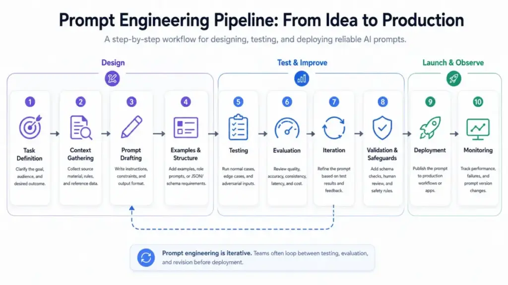 Flow diagram showing the prompt engineering pipeline from task definition and context gathering through drafting, testing, evaluation, deployment, and monitoring.