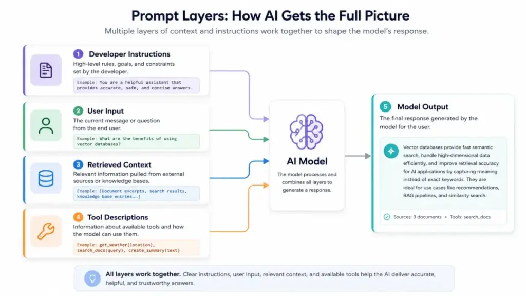 Diagram showing how developer instructions, user input, retrieved context, and tool descriptions combine inside an AI model to produce the final response.