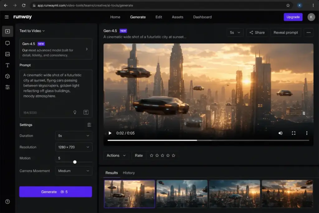 Runway Gen-4.5 text-to-video generation interface showing prompt settings and generated futuristic city video preview