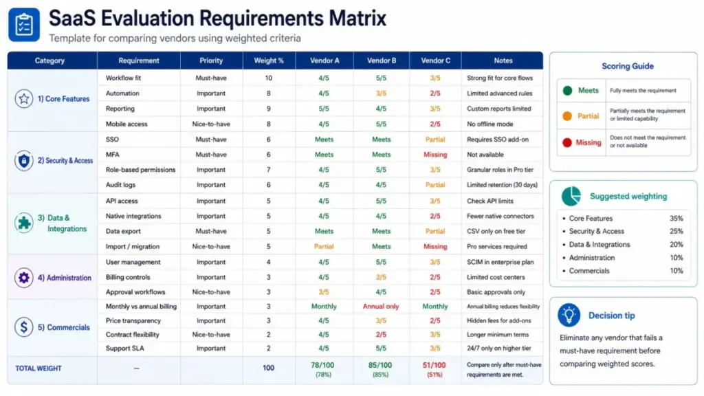 SaaS evaluation requirements matrix template comparing vendors by weighted criteria, security, integrations, administration, and commercials.
