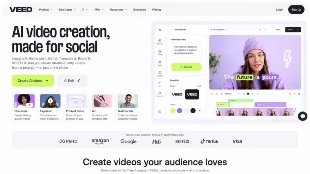 VEED main product page showing AI video creation features, prompt generation, brand kit, and video editor preview