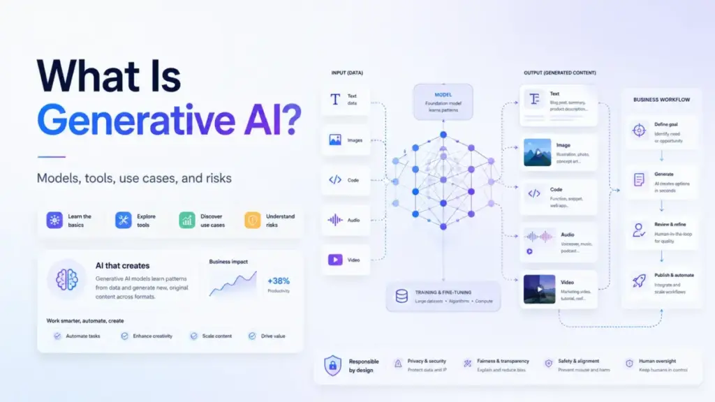 Featured image explaining what generative AI is, with a visual flow from input data to AI model, generated content, and business workflow.
