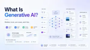 Featured image explaining what generative AI is, with a visual flow from input data to AI model, generated content, and business workflow.