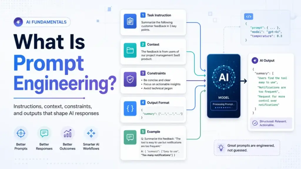 Featured image for “What Is Prompt Engineering?” showing prompt components like task instruction, context, constraints, output format, and examples flowing into an AI model.