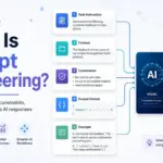 Featured image for “What Is Prompt Engineering?” showing prompt components like task instruction, context, constraints, output format, and examples flowing into an AI model.