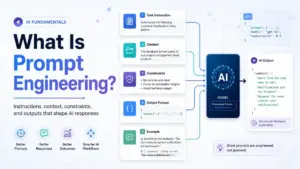 Featured image for “What Is Prompt Engineering?” showing prompt components like task instruction, context, constraints, output format, and examples flowing into an AI model.