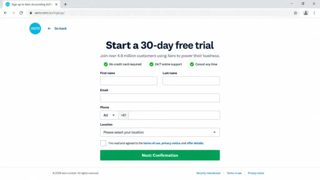 Xero signup page mockup showing 30-day free trial offer with no credit card required