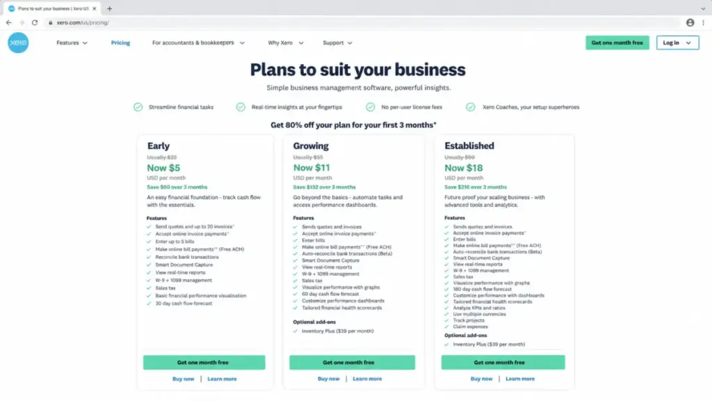 Screenshot-style mockup of Xero US pricing page showing Early, Growing, and Established monthly plans