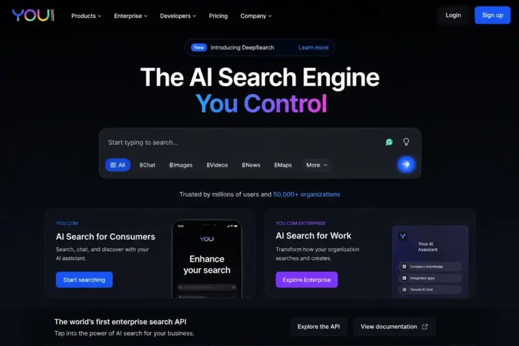 You.com homepage showing AI search assistant interface and enterprise API positioning.