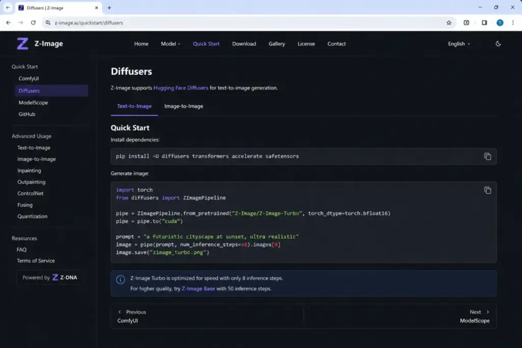 Screenshot-style mockup of the Z-Image Turbo Diffusers quick-start documentation showing install commands and Python code for text-to-image generation.