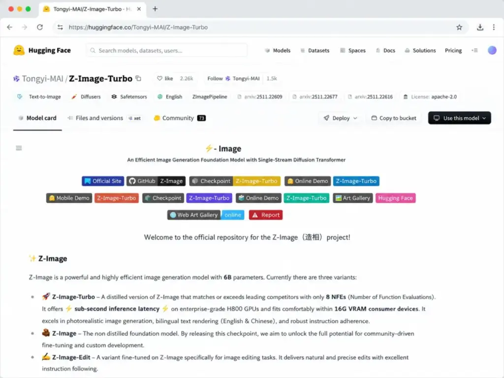 Screenshot-style mockup of the Z-Image Turbo Hugging Face model card showing the Apache-2.0 license, model tags, and Tongyi-MAI repository details.