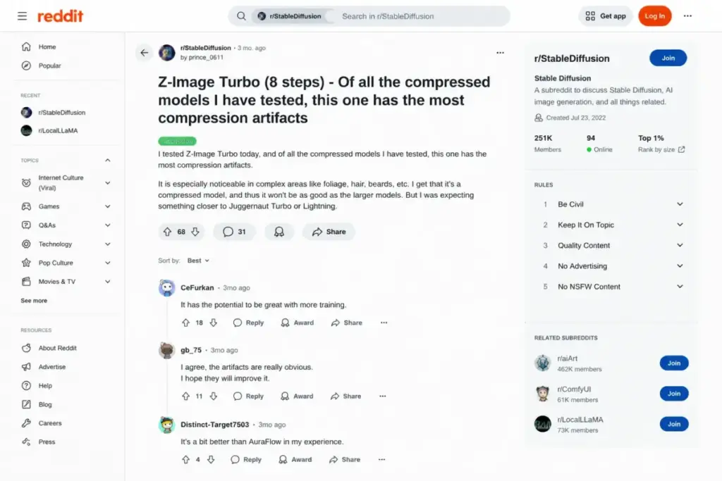 Reddit r/StableDiffusion discussion about Z-Image Turbo compression artifacts and community feedback.