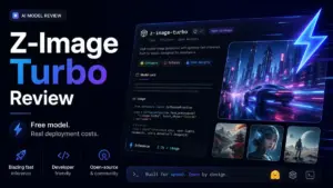 Featured image for Z-Image Turbo Review showing an AI model review interface, open-source image generation, Diffusers code, and fast inference visuals.