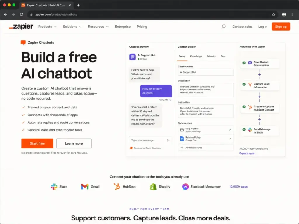Zapier Chatbots page showing no-code AI chatbot builder and app integration workflow.