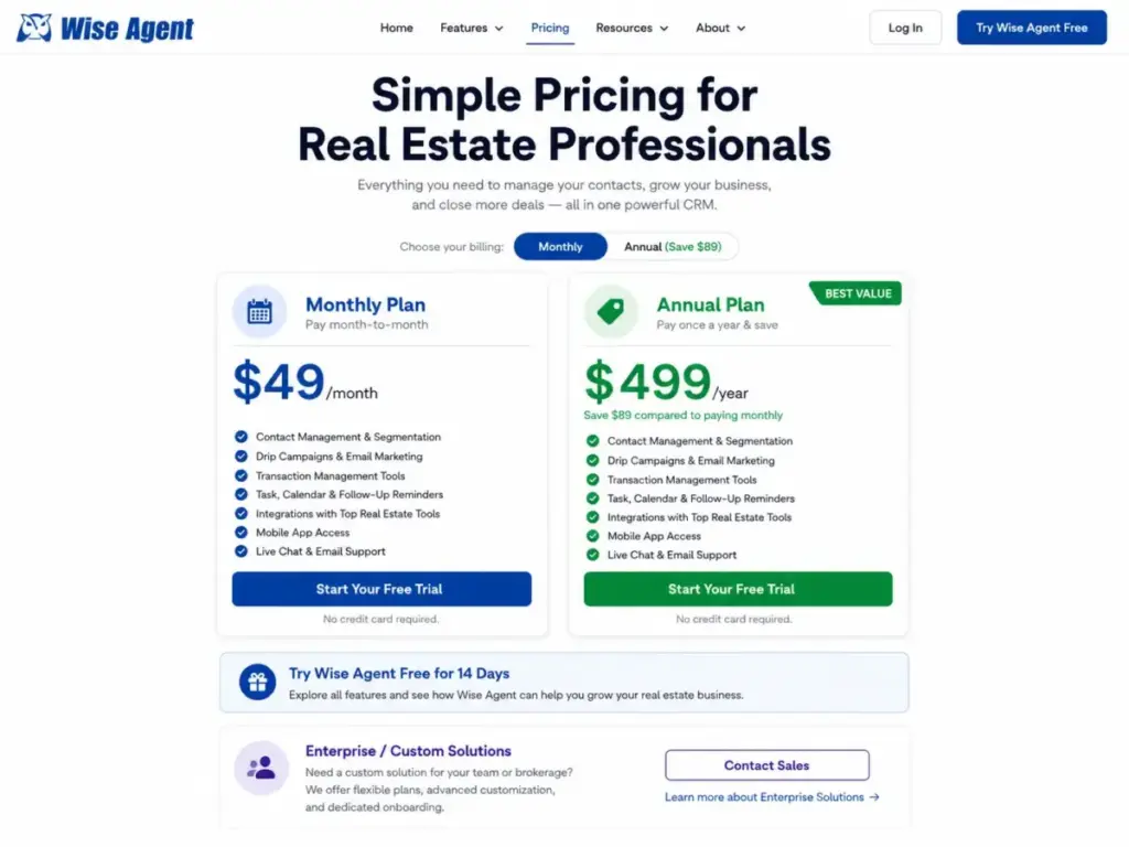 Wise Agent pricing page showing monthly plan at $49/month, annual plan at $499/year, and enterprise custom pricing for real estate agents.