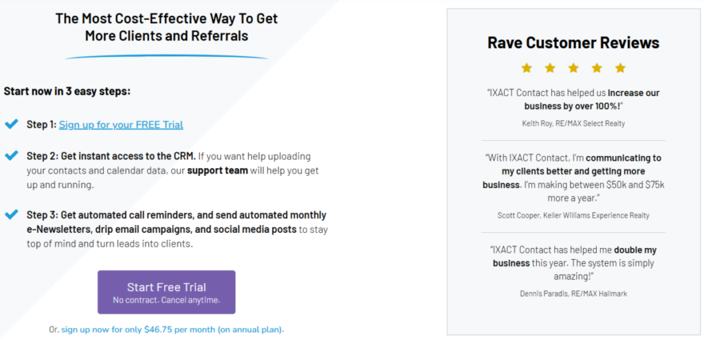 IXACT Contact pricing page showing Team Leader plan at $46.75/month and Team Members at $28.90/month billed annually.