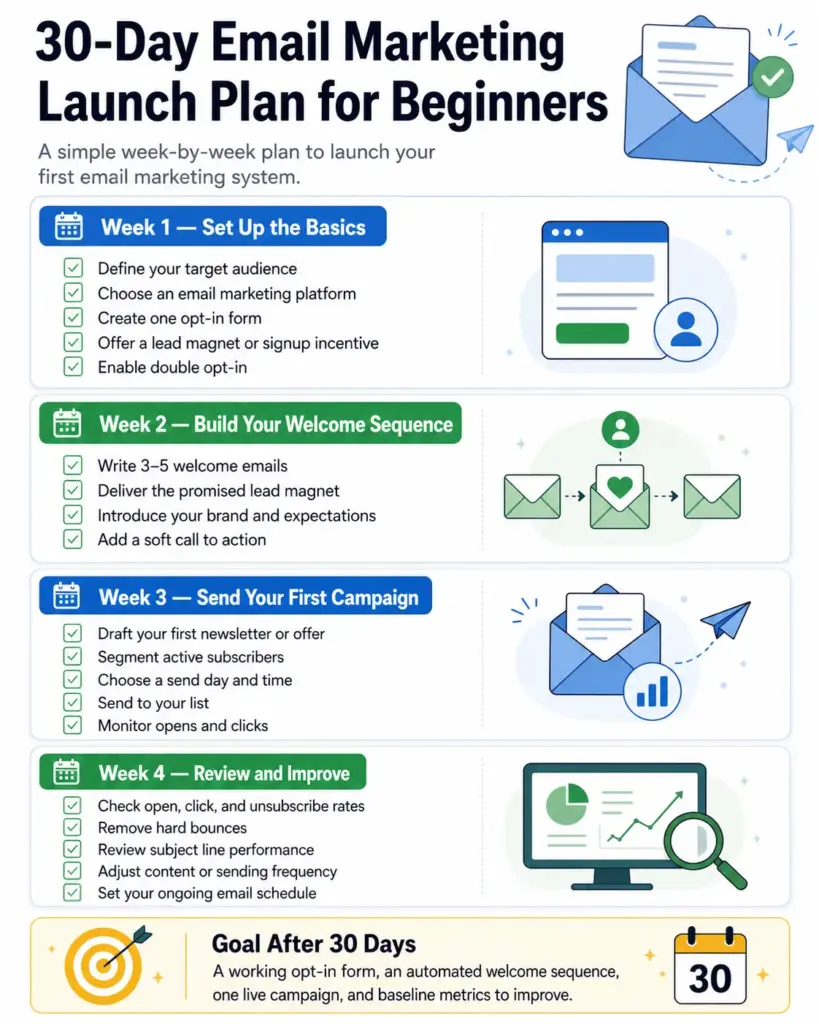 30-day email marketing launch plan checklist for beginners showing weekly tasks for setup, welcome sequence, first campaign, and performance review.