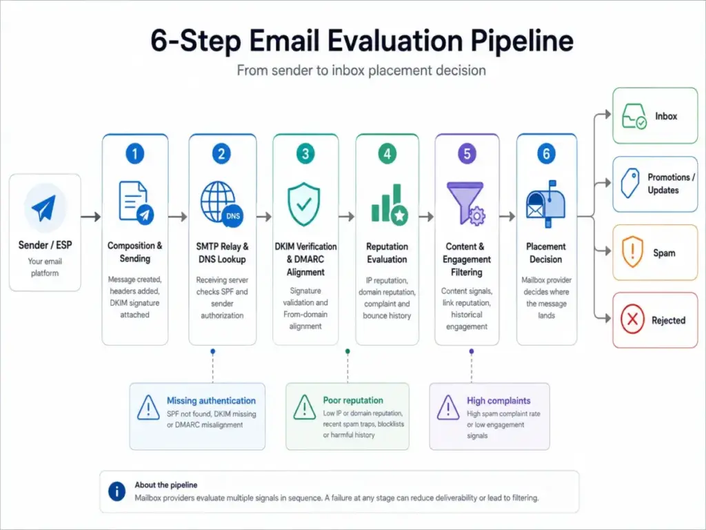 6-step email evaluation pipeline diagram showing how an email moves from sender to SPF, DKIM, DMARC, reputation checks, content filtering, and inbox placement.