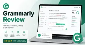 Grammarly Review 2026 featured image showing pricing, grammar correction, privacy settings, AI detector, and review verdict.