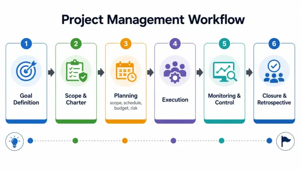 Project management workflow diagram showing six stages from goal definition and scope planning to execution, monitoring, control, closure, and retrospective.