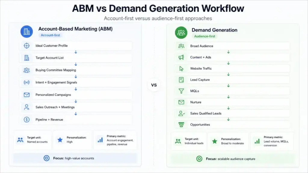 ABM versus demand generation workflow comparison showing account-first and audience-first marketing approaches
