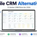 Agile CRM Alternatives featured image showing CRM comparison cards for HubSpot, Zoho CRM, Freshsales, Pipedrive, monday sales CRM, and EngageBay.