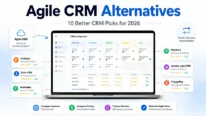 Agile CRM Alternatives featured image showing CRM comparison cards for HubSpot, Zoho CRM, Freshsales, Pipedrive, monday sales CRM, and EngageBay.