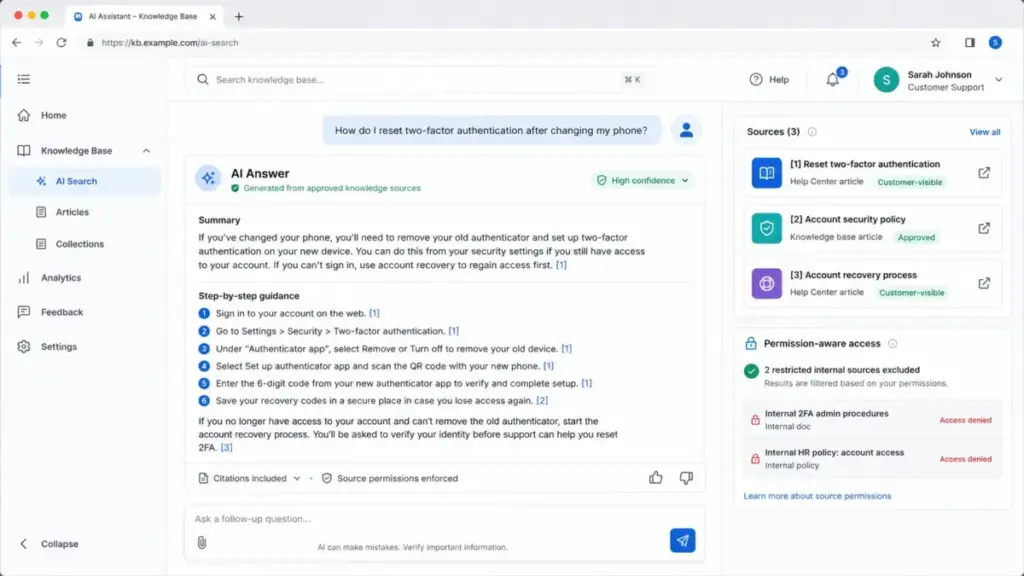 AI knowledge base answer showing cited sources, approved articles, and permission-aware access controls.