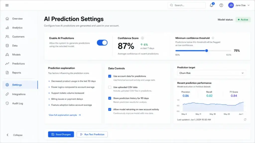 SaaS AI prediction settings screenshot showing confidence score, prediction target, data controls, model status, and recent prediction performance.