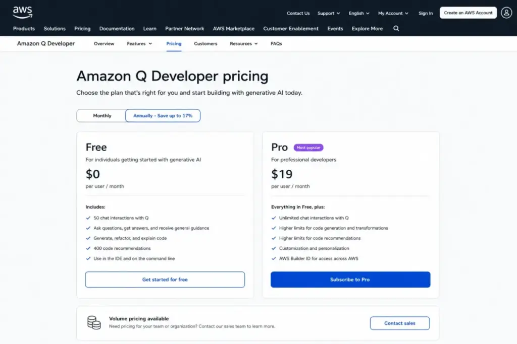 Amazon Q Developer pricing page showing Free and Pro tiers