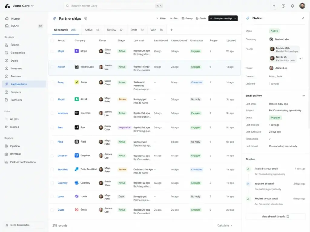 Attio custom object database view showing partnership records, company details, email status, last inbound and outbound activity, and interaction timeline.